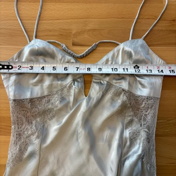 ASOS Design Silver Satin Maxi Dress Lace Back Cutout Slit Size Small 4 - Picture 9 of 10